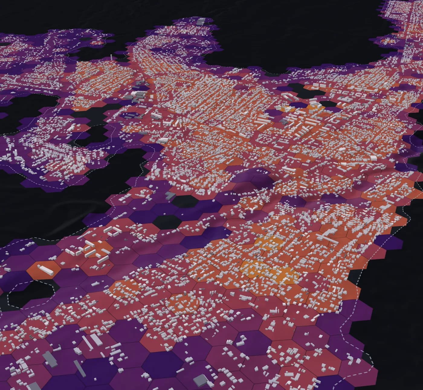 3D view of Talgar: population on an H3 hex grid draped over terrain, with Mapflow buildings extruded to their heights