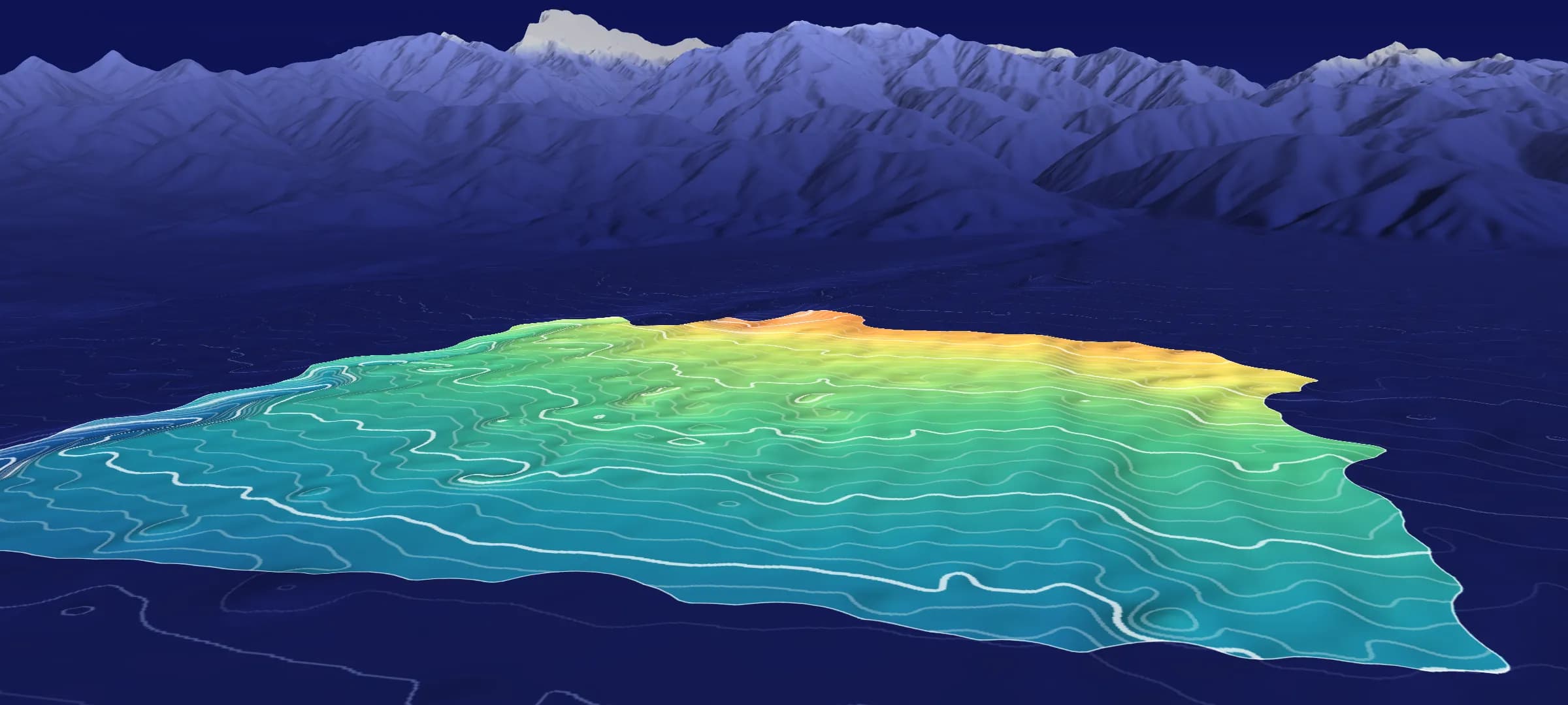 Talgar in 3D: the selected area colored by elevation with contour lines, the Trans-Ili Alatau behind it