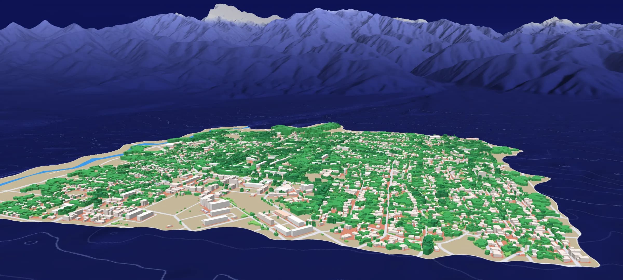 Talgar in 3D: buildings and trees at their heights on the land-use map